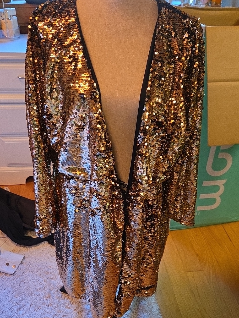 Mango Gold Sequin Open-Front Blazer Size 14